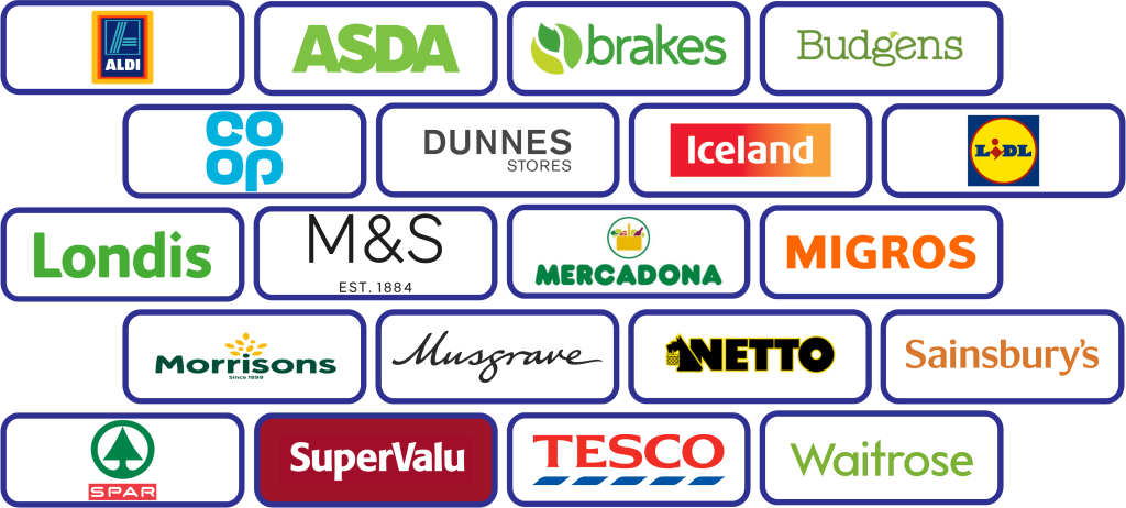 Retailers Building Block Logos: Aldi; Asda; Brakes; Budgens; Coop; Dunnes Stores; Iceland; Lidl; Londis; M&S; Mercadona; Migros; Morrisons; Musgrave; Netto; Sainsbury's; Spar; Supervalu; Tesco; Waitrose 